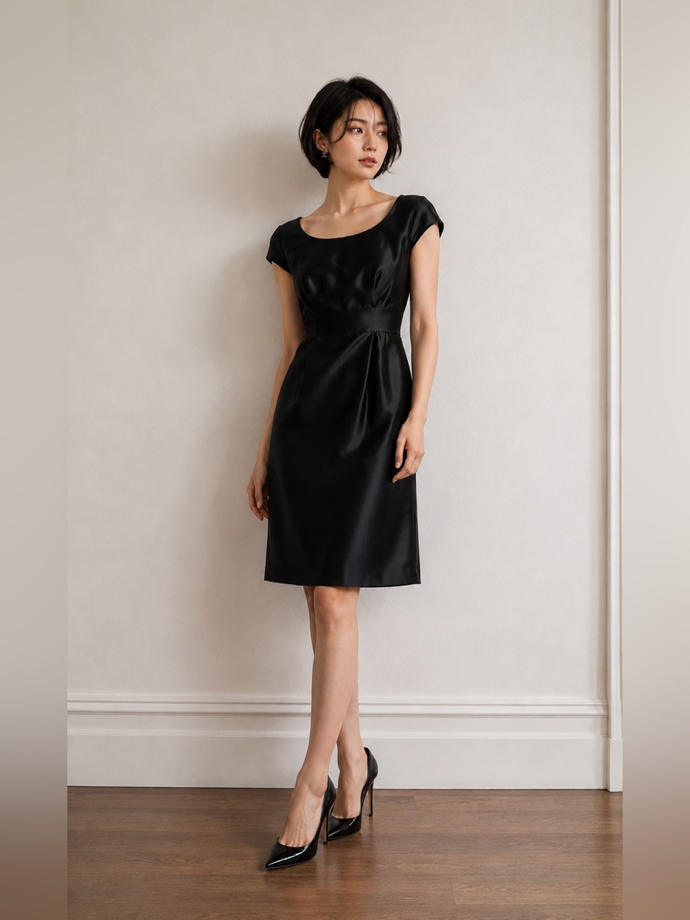 TAHARI  Black Satin Scoop-Neck Midi Dress